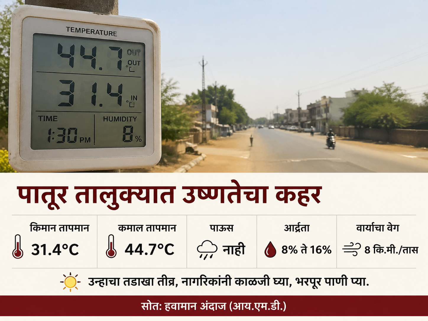 पातूर तालुक्यात उष्णतेचा कहर; तापमान ४४.७°C पर्यंत, पावसाचा लवलेश नाही