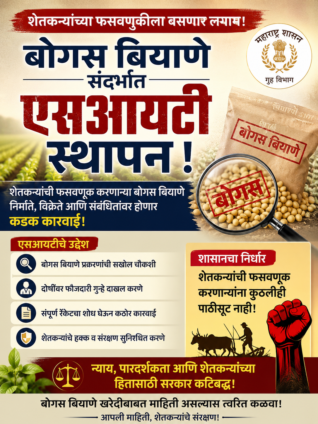 शेतकऱ्यांच्या न्यायासाठी निर्णायक पाऊल; पातुर पोलीस स्टेशनला गुन्हा दाखल! बोगस बियाणे प्रकरणी अकोला पोलिसांकडून SIT ची स्थापना