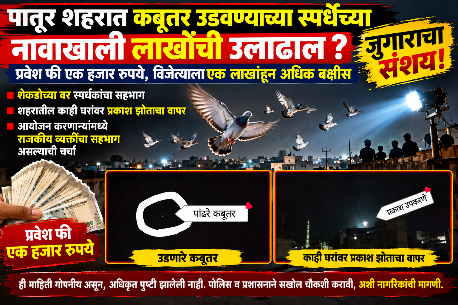 पातुर शहरात कबूतर उडवण्याच्या स्पर्धेच्या नावाखाली लाखोंची उलाढाल? जुगाराचा संशय; प्रशासनाने चौकशी करावी!